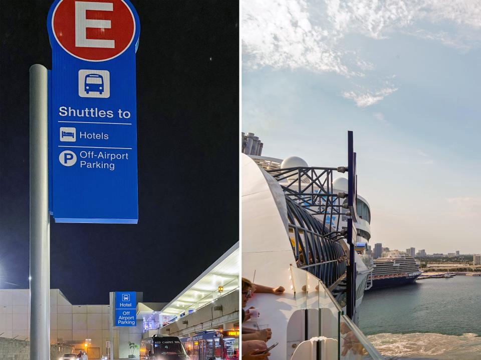 airport shuttle sign at night (L) and the cruise ship departing the port (R)