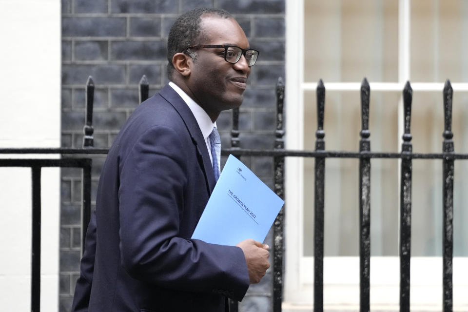 Britain's Chancellor Kwasi Kwarteng leaves 11 Downing Street in London, Friday, Sept. 23, 2022. The Chancellor will deliver a mini budget in parliament. (AP Photo/Kirsty Wigglesworth)