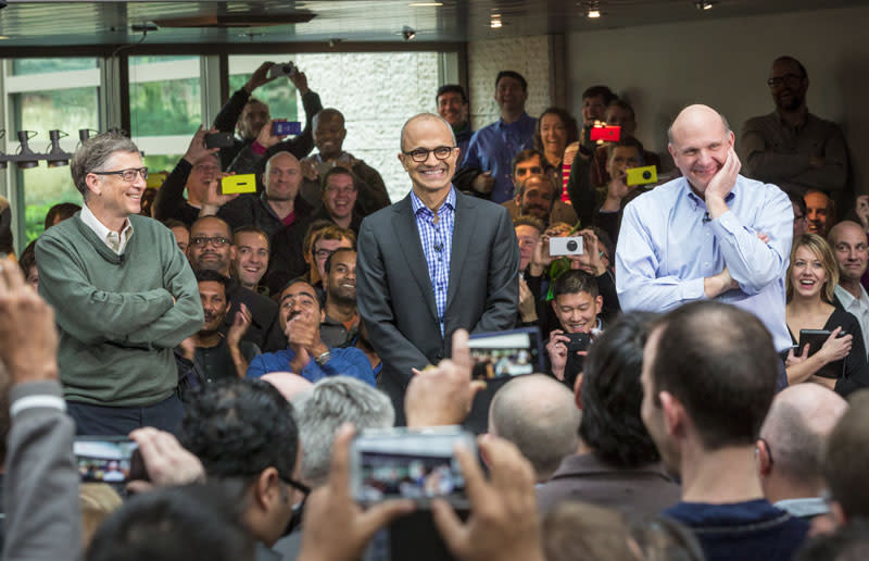 bill gates steve ballmer and satya nadella greet microsoft employees