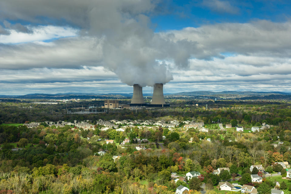 Aerial still of Limerick Generating Station, a nuclear power plant in Royersford, Montgomery County, Pennsylvania, on an overcast day in Fall.