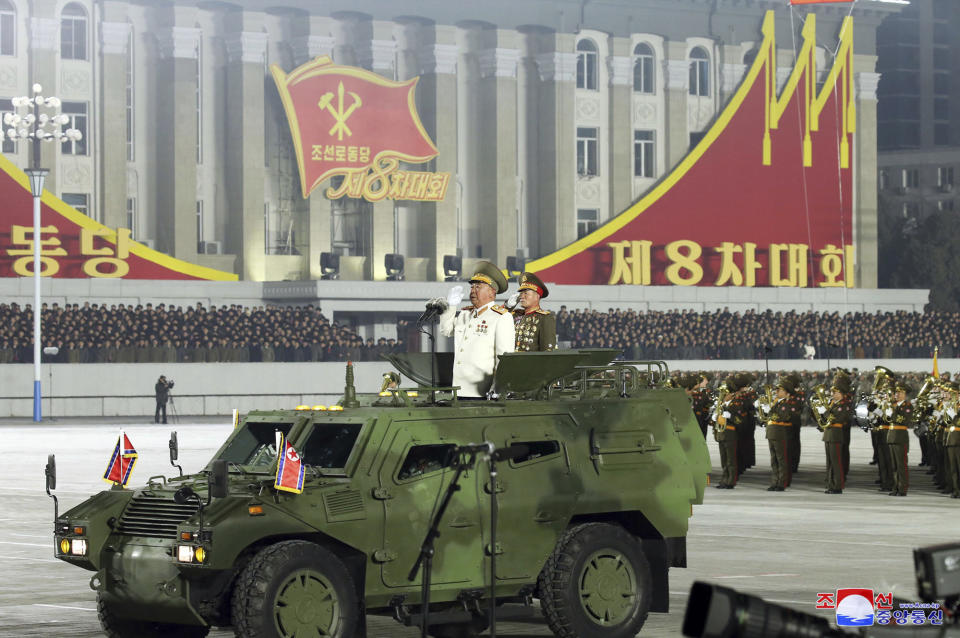 This photo provided by the North Korean government shows a military parade marking the ruling party congress, at Kim Il Sung Square in Pyongyang, North Korea Thursday, Jan. 14, 2021. Independent journalists were not given access to cover the event depicted in this image distributed by the North Korean government. The content of this image is as provided and cannot be independently verified. Korean language watermark on image as provided by source reads: "KCNA" which is the abbreviation for Korean Central News Agency. (Korean Central News Agency/Korea News Service via AP)