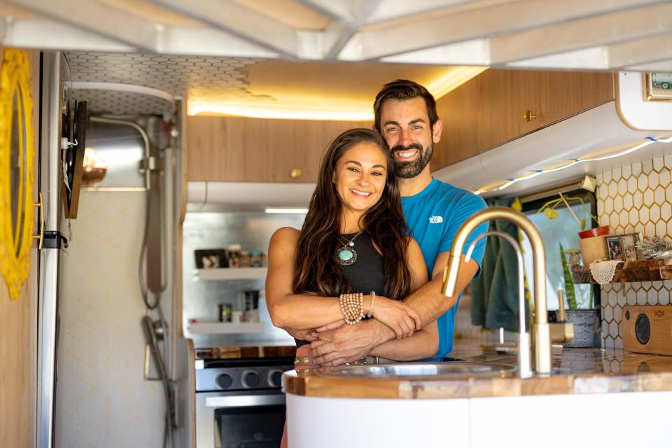 Monroe native Marina Aguilera and her boyfriend, Mark Dexter, are shown inside their home, which is a converted box truck. The couple is coming to Monroe Nov. 4 to show their documentary on nomadic life.