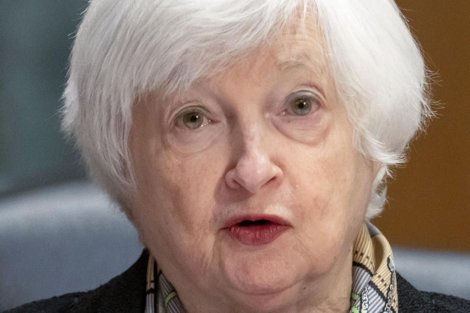 Treasury Secretary Janet Yellen testifies before the Senate Finance Committee about President Joe Biden's proposed budget request for the fiscal year 2024, Thursday, March 16, 2023, on Capitol Hill in Washington. (AP Photo/Jacquelyn Martin)