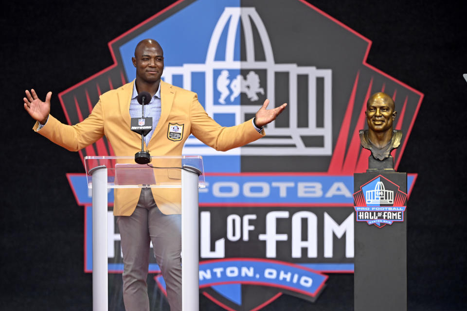 Former NFL player DeMarcus Ware speaks during his induction into the Pro Football Hall of Fame in Canton, Ohio, Saturday, Aug. 5, 2023. (AP Photo/David Richard)