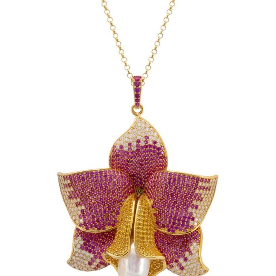 Latelita Daffodil with Pearl Pendant Necklace in Gold Ruby