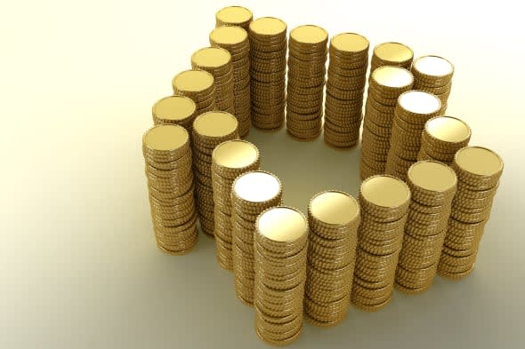 Coin stacks arranged to form a house shape. Concept image about rising house prices and mortgage costs. Copy space on the left s