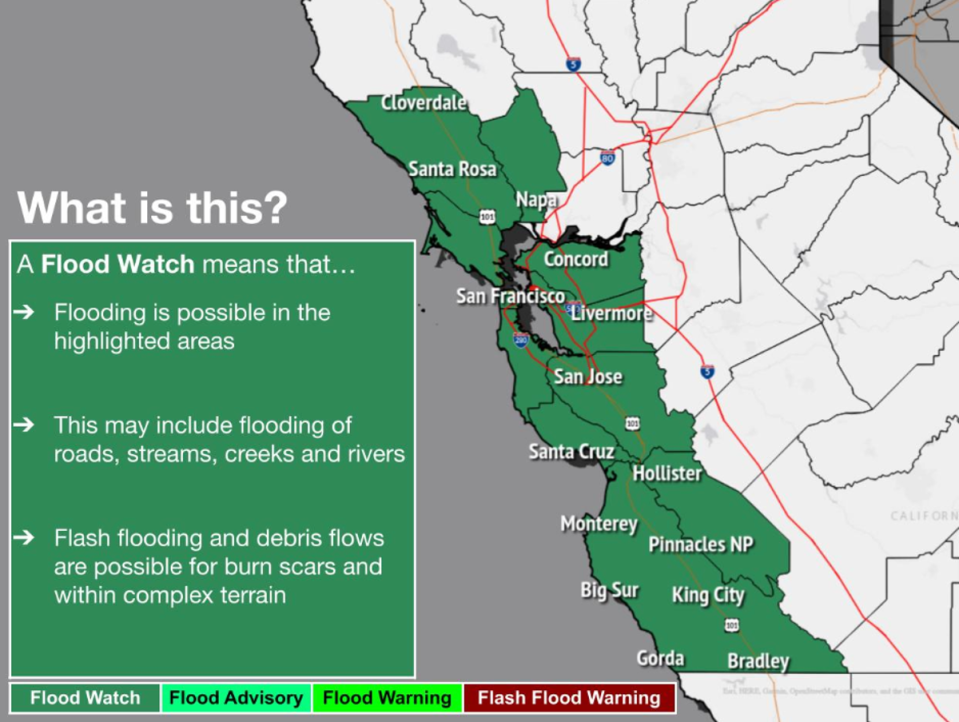 The entire Bay Area is under a flood watch until Wednesday morning (National Weather Service)