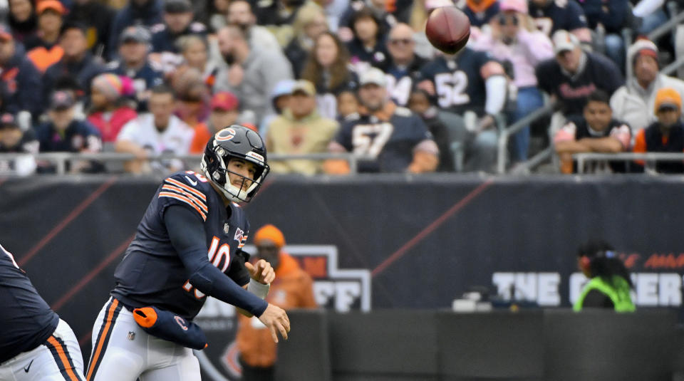 Oct 20, 2019; Chicago, IL, USA; Chicago Bears quarterback Mitchell Trubisky (10) passes against the New Orleans Saints in the first half at Soldier Field. Mandatory Credit: Matt Marton-USA TODAY Sports