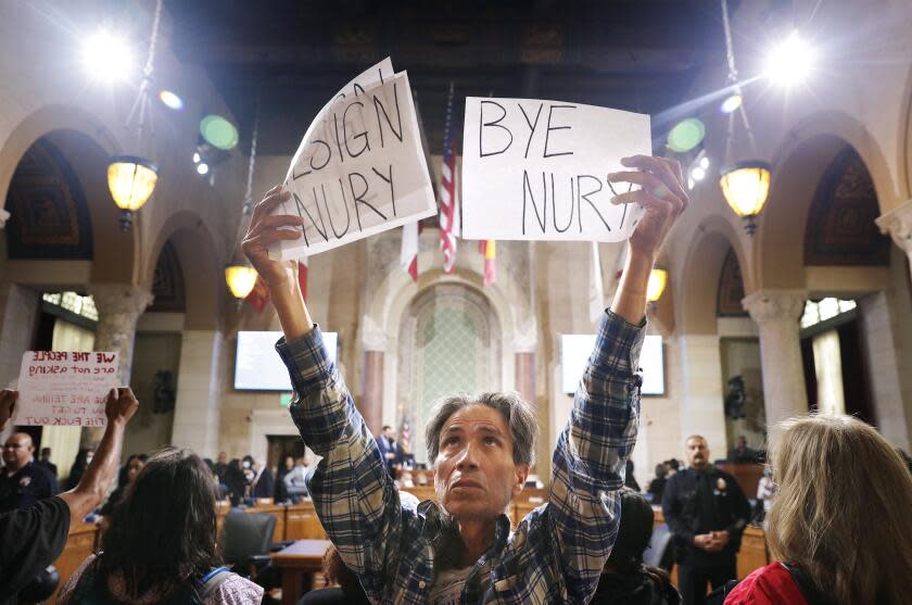 LOS ANGELES, CA - OCTOBER 12, 2022: Genaro Leal joins community members in calling for the resignation of Nury Martinez, Kevin de Leon and Gil Cedillo at City Hall Council chambers in downtown Los Angeles on Wednesday, October 12, 2022. (Christina House / Los Angeles Times)