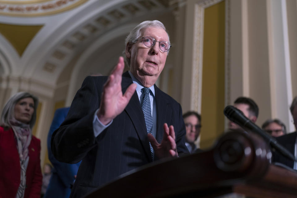 FILE - Senate Republican Leader Mitch McConnell, R-Ky.,speaks during a news conference at the Capitol in Washington, Feb. 14, 2023. McConnell says he opposes repeal of the 2002 and 1991 authorizations of force against Iraq, arguing that that authority "bears directly on the threats we face today in Iraq and Syria from Iran-backed terrorists." (AP Photo/J. Scott Applewhite, File)