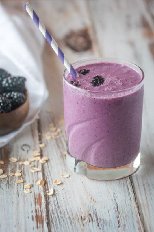 <p>Upstate Ramblings</p><p>This healthy blackberry oatmeal smoothie makes an excellent healthy breakfast blackberry smoothie or snack that will taste delicious and keep you full for hours.</p><p><strong>Get the recipe: <a href="https://www.upstateramblings.com/blackberry-oatmeal-smoothie/" rel="nofollow noopener" target="_blank" data-ylk="slk:Blackberry Oatmeal Smoothie;elm:context_link;itc:0;sec:content-canvas" class="link rapid-noclick-resp">Blackberry Oatmeal Smoothie</a></strong></p>