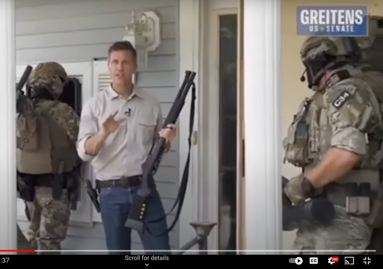 <span class="caption">Eric Greitens poses with a high-powered rifle and commandos in a political ad. </span> <span class="attribution"><a class="link " href="https://www.youtube.com/watch?v=bZZ2Y6fAq8o" rel="nofollow noopener" target="_blank" data-ylk="slk:Eric Greitens;elm:context_link;itc:0;sec:content-canvas">Eric Greitens</a></span>