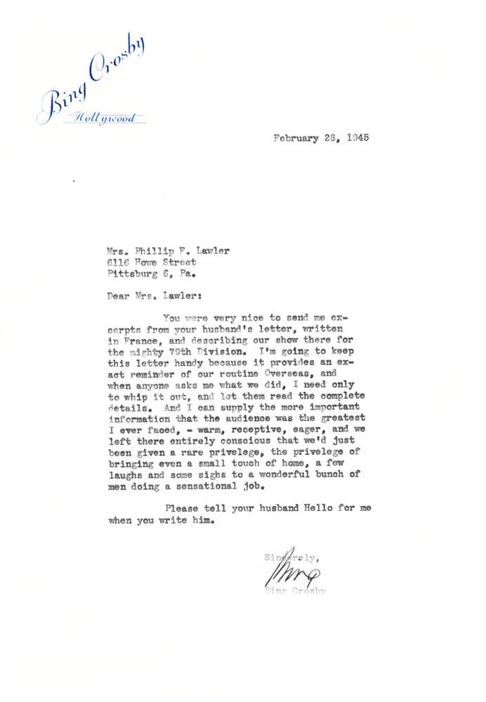 Letter from Bing Crosby to the wife of a solider. | Courtesy of the Crosby Family