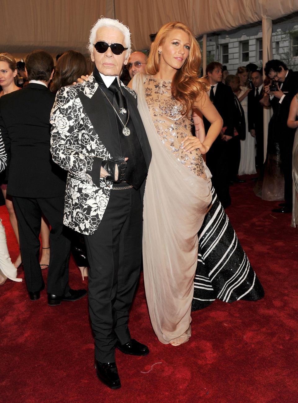 NEW YORK, NY - MAY 02: Designer Karl Lagerfeld and actress Blake Lively attend the "Alexander McQueen: Savage Beauty" Costume Institute Gala at The Metropolitan Museum of Art on May 2, 2011 in New York City.