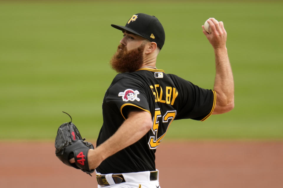 Pittsburgh Pirates relief pitcher Colin Selby delivers during the first inning of a baseball game against the New York Yankees in Pittsburgh, Sunday, Sept. 17, 2023. (AP Photo/Gene J. Puskar)