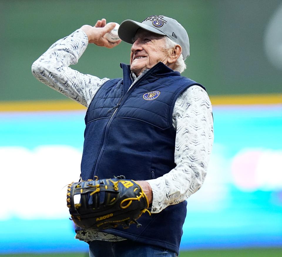 Milwaukee Brewers radio announcer Bob Uecker throws the ceremonial first pitch for the wildcard playoff game between the Brewers and the Arizona Diamondbacks on Oct. 3, 2023, at American Family Field in Milwaukee.