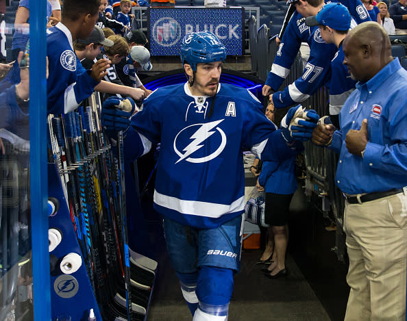 TAMPA, FL - FEBRUARY 21: Brian Boyle #11 of the Tampa Bay Lightning steps out to the ice for the pregame warm ups against the Edmonton Oilers at Amalie Arena on February 21, 2017 in Tampa, Florida. (Photo by Scott Audette/NHLI via Getty Images)