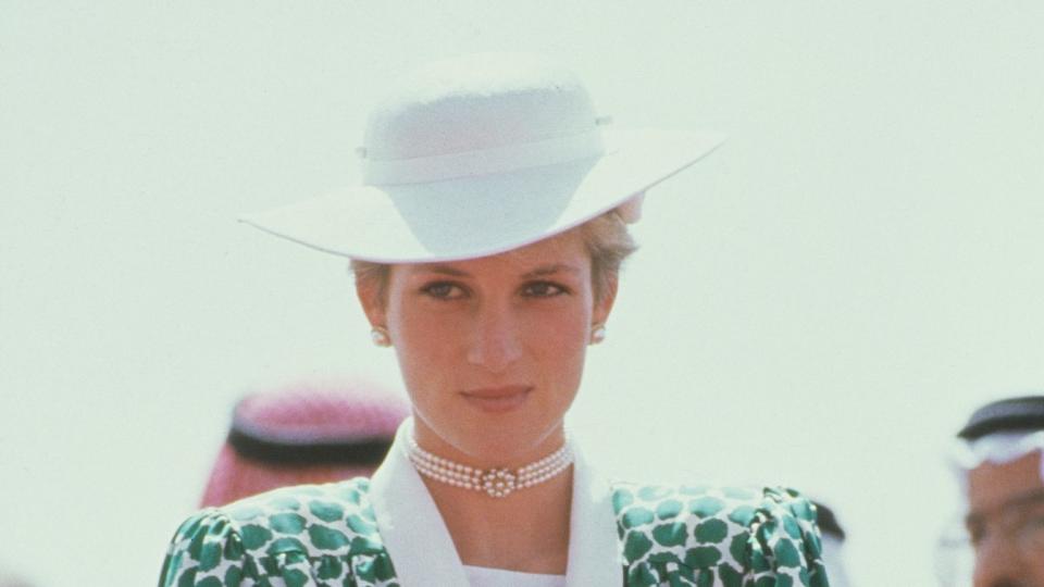 Diana, Princess of Wales (1961 - 1997) arrives at Riyadh airport in Saudi Arabia, wearing a dress from Tatters, November 1986