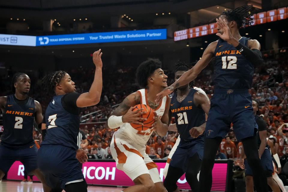Texas forward Dillon Mitchell makes a move toward the basket during Monday night's 72-57 win over UTEP. The Longhorns' performance drew raves from UTEP coach Joe Golding, who said the Longhorns are one of 20 teams out there that could contend for a national championship.