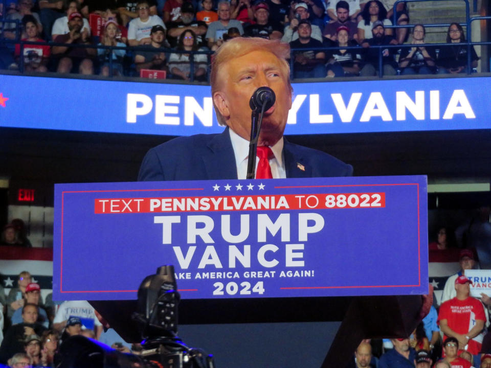 PENNSYLVANIA, UNITED STATES - AUGUST 17: Republican Presidential Candidate former U.S. President Donald Trump gives a speech during a campaign rally at Mohegan Sun Arena in Wilkes-Barre Township, Pennsylvania, United States on August 17, 2024. (Photo by Brendan Gutenschwager/Anadolu via Getty Images)