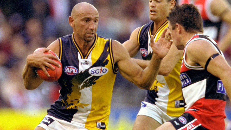 Peter Matera is regarded as one of the finest footballers to play for the Eagles, winning two AFL premierships in more than 250 games for the club. Picture: Darrin Braybrook/ALLSPORT/Getty Images