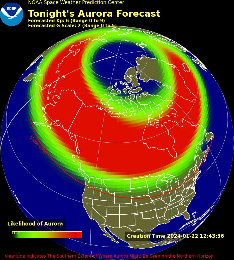 The NOAA's Space Weather Prediction Center has forecasted the states where the aurora may be visible on Jan. 22.