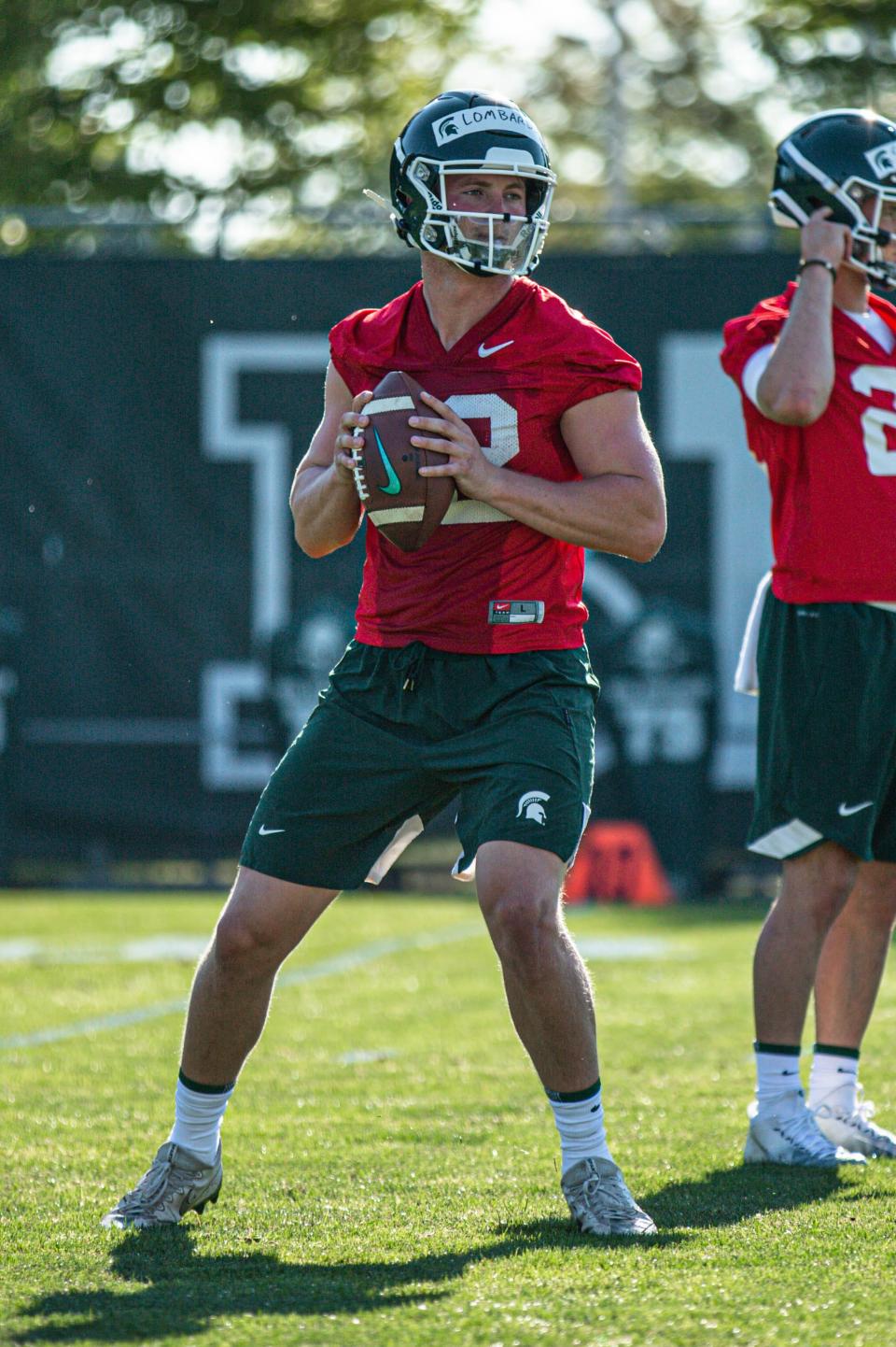 Michigan State quarterback Rocky Lombardi works during practice in August.