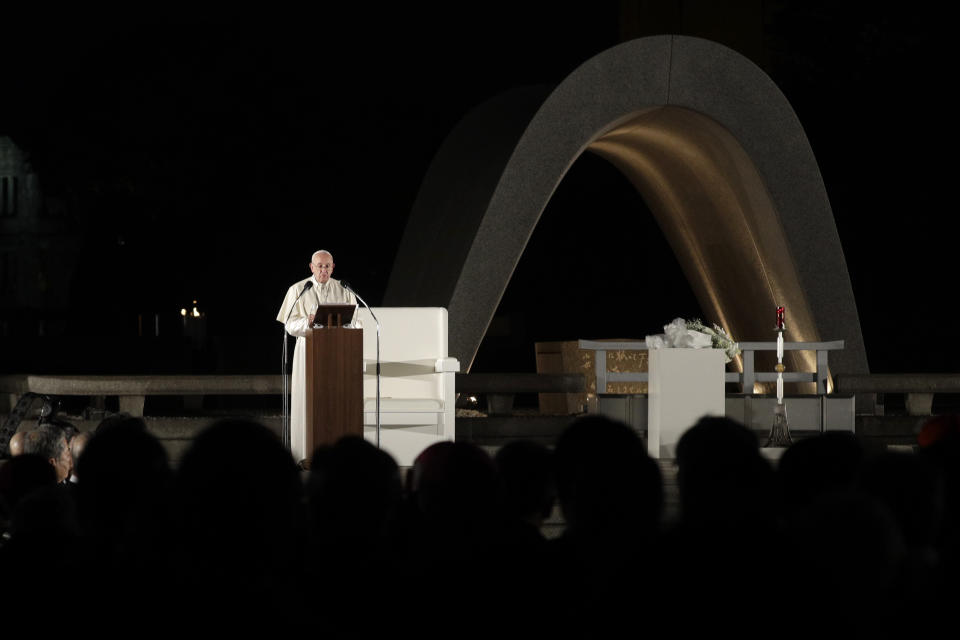 Pope Francis delivers a speech during a meeting near the Memorial Cenotaph at Hiroshima Peace Memorial Park in Hiroshima, western Japan, Sunday, Nov. 24, 2019. (AP Photo/Gregorio Borgia)