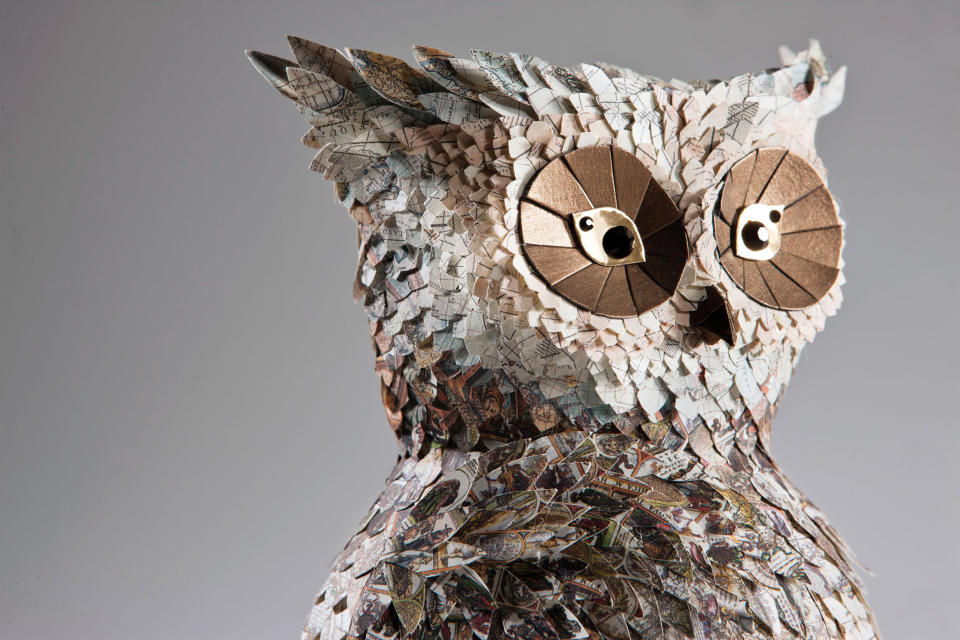 Artistic duo Julie Wilkinson and Joyanne Horscroft have been making bird sculptures out of paper since 2009. They order high quality patterned paper from Japan or use interesting material such as maps, patiently cut out shapes and glue them together to create the intricate and detailed art (Caters)