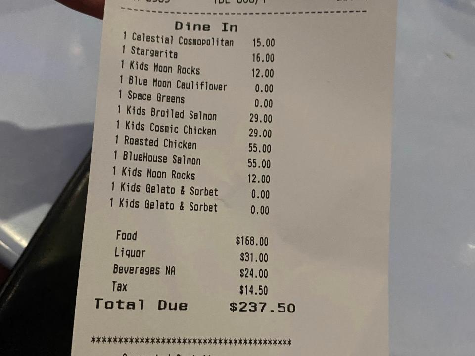 kari's bill at space 220 restaurant in epcot disney world