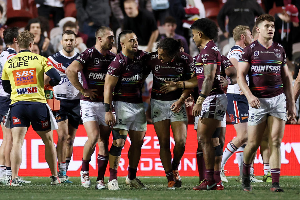 Manly players, pictured here wearing the pride jersey against the Sydney Roosters.