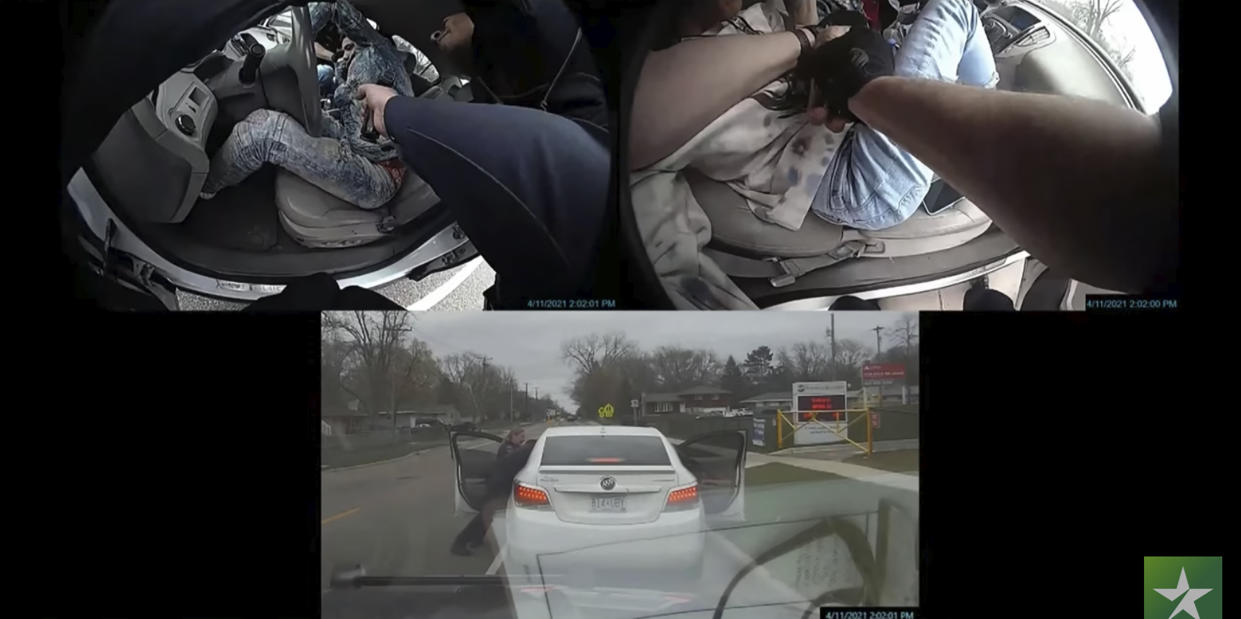 In this composite of two police body cam and one dash cam screen grabs from video, shows events of a traffic stop as Hennepin County Judge Regina Chu presides over court Monday, Dec. 13, 2021, in the trial of former Brooklyn Center police Officer Kim Potter in the April 11, 2021, death of Daunte Wright, at the Hennepin County Courthouse in Minneapolis, Minn. (Court TV via AP, Pool)