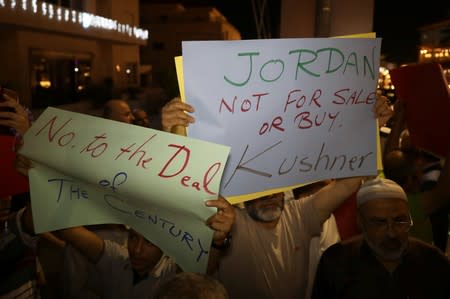 Members of the Muslim Brotherhood take part in a sit-in against the Senior White House Advisor Jared Kushner's visit to Jordan, near the U.S. Embassy, in Amman