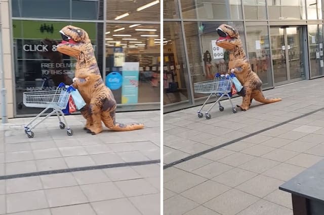 Hilarious moment a 'T-Rex' pushing a shopping trolley joins the back of a long Tesco queue