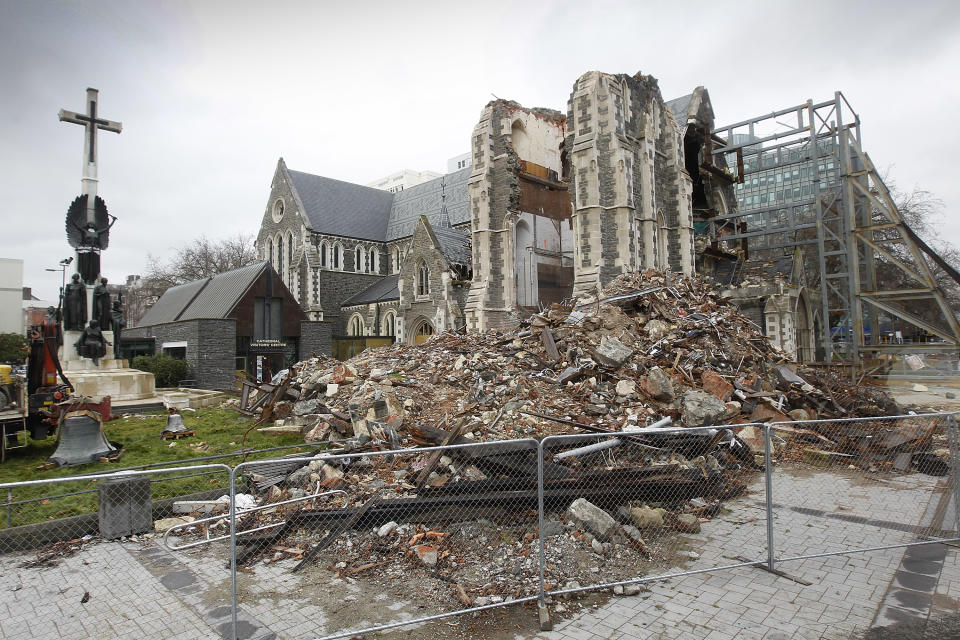 CHRISTCHURCH, NEW ZEALAND - AUGUST 12: Earthquake damaged Christchurch Cathedral is seen during a during a earthquake recovery update visit on August 12, 2011 in Christchurch, New Zealand. (Photo by Martin Hunter/Getty Images)