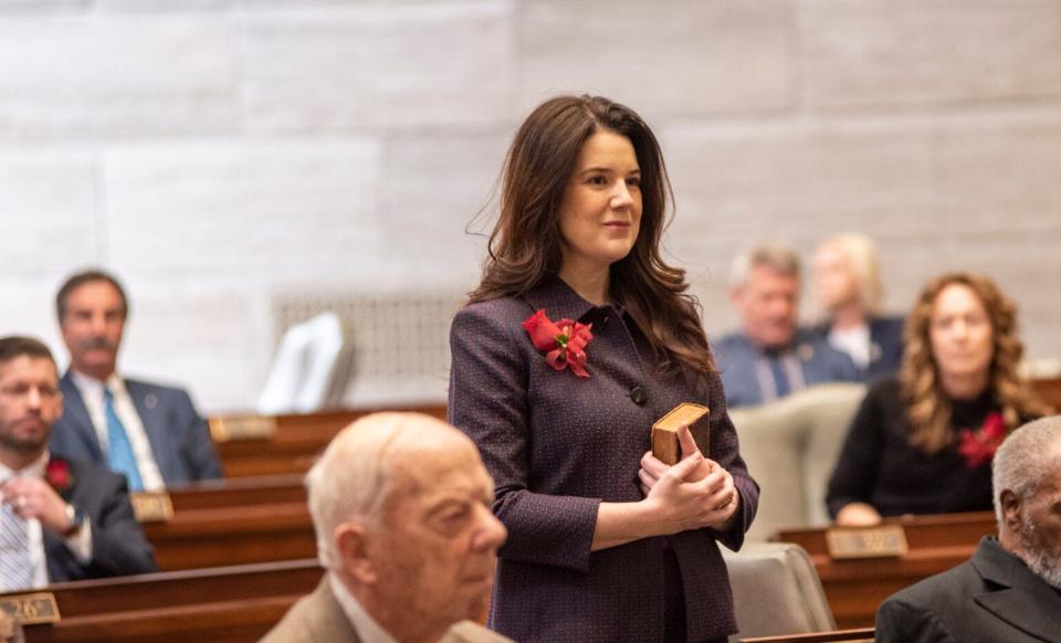 Sen. Mary Elizabeth Coleman enters the Missouri Senate on the first day of the 2023 legislative session.