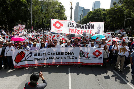 Union workers and farmers protest as NAFTA renegotiation begins in Washington, D.C., in Mexico City, Mexico August 16, 2017. The banner reads "FTA hurts, Mexico better without FTA". REUTERS/Carlos Jasso