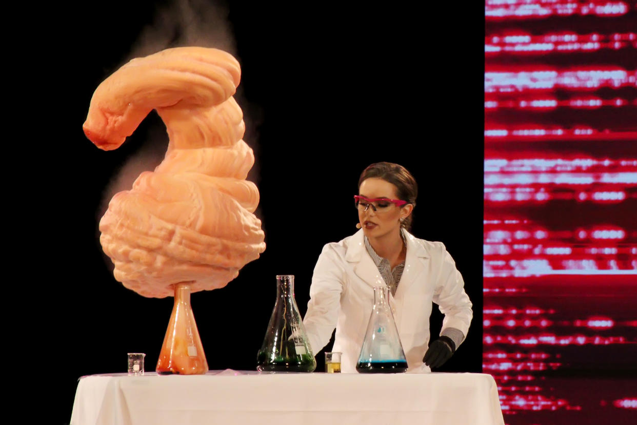 Miss Virginia 2019 Camille Schrier performed a chemistry demonstration during the talent portion at the 2020 Miss America 2.0 Competition. (Photo: Donald Kravitz/Getty Images)