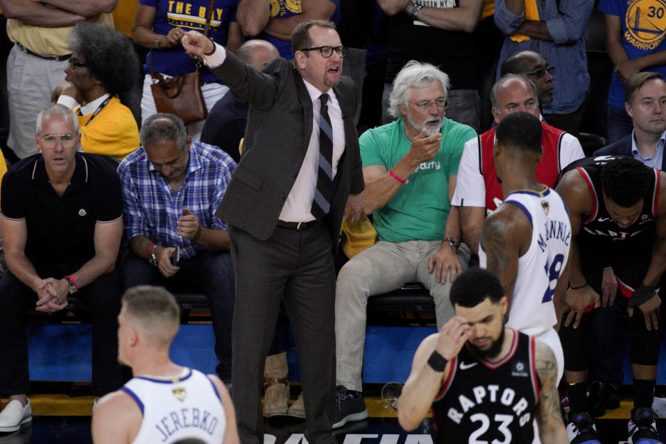 Toronto Raptors head coach Nick Nurse gestures during the second half of Game 3 of basketball's NBA Finals against the Golden State Warriors in Oakland, Calif., Wednesday, June 5, 2019. (AP Photo/Tony Avelar)