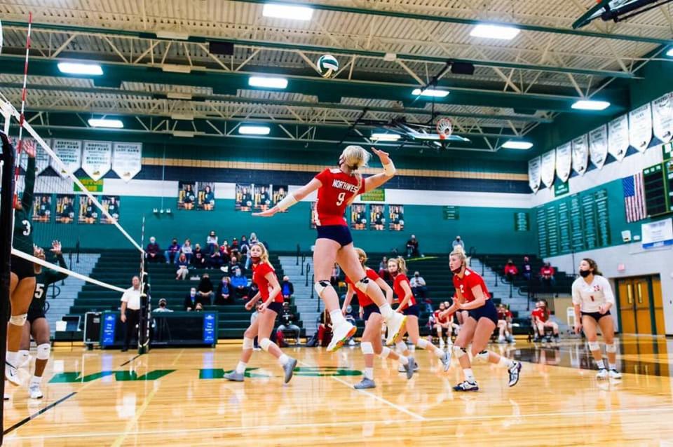 Justin Northwest junior Makenna Miller, picture against Birdville on Oct. 24, 2020, had a school-record 34 kills against Grapevine as the Texans rallied to win in five Oct. 27, 2020. (Matthew Smith/Special to the Star-Telegram)