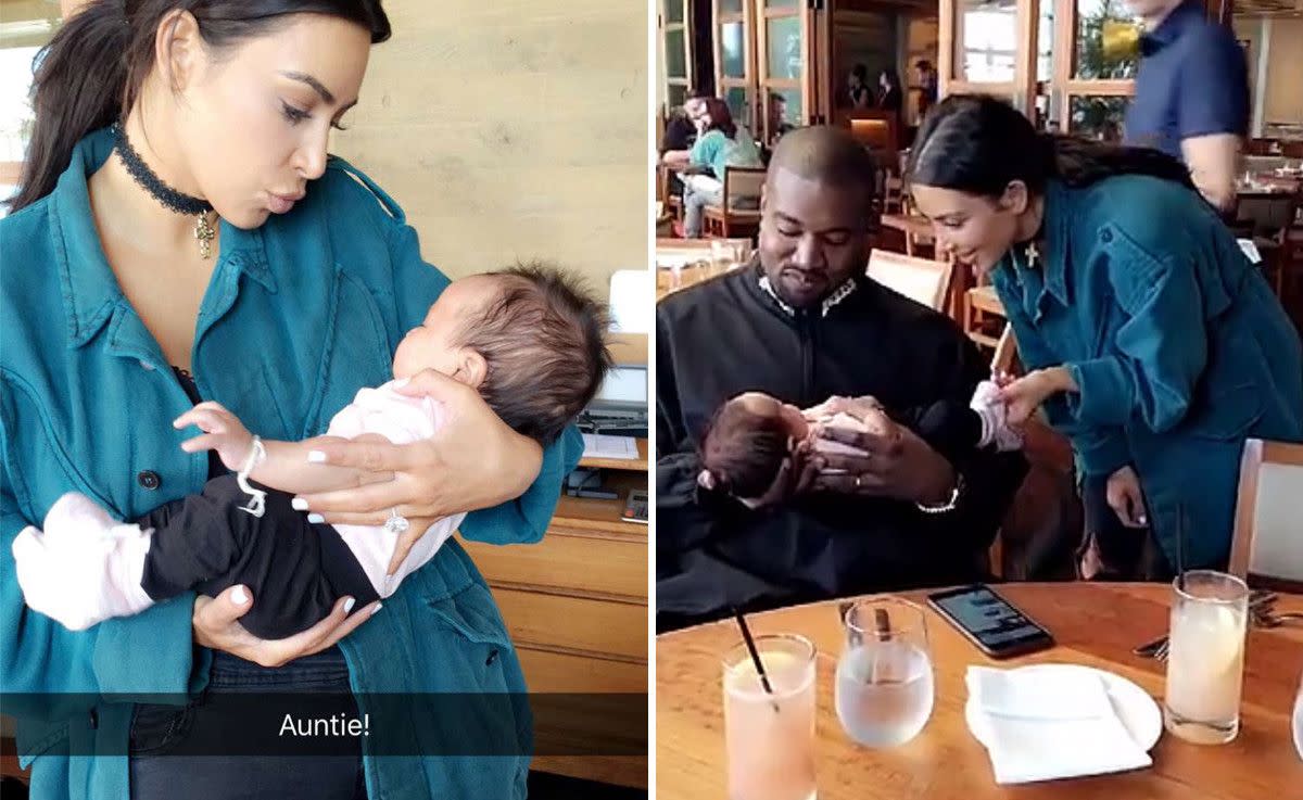 How cute! Chrissy Teigen shared a series of Snapchats showing "Auntie" Kim Kardashian and Kanye West meeting her adorable daughter with John Legend, Luna. Kim and Kanye doted over the adorable baby in the sweet snaps on May 29, 2016.