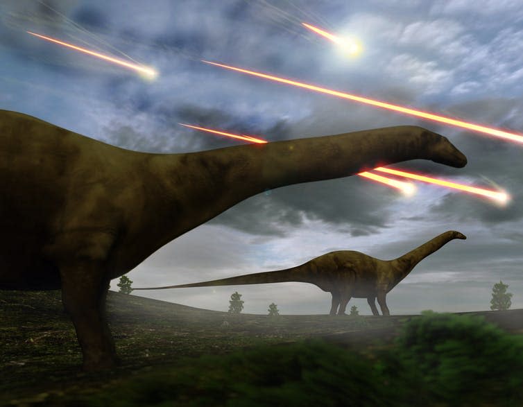 <span class="caption">One of the ‘big five’ extinctions.</span> <span class="attribution"><a class="link " href="https://www.shutterstock.com/image-illustration/3d-illustration-brontosaurs-looking-upon-meteors-408550594" rel="nofollow noopener" target="_blank" data-ylk="slk:AuntSpray/Shutterstock;elm:context_link;itc:0;sec:content-canvas">AuntSpray/Shutterstock</a></span>