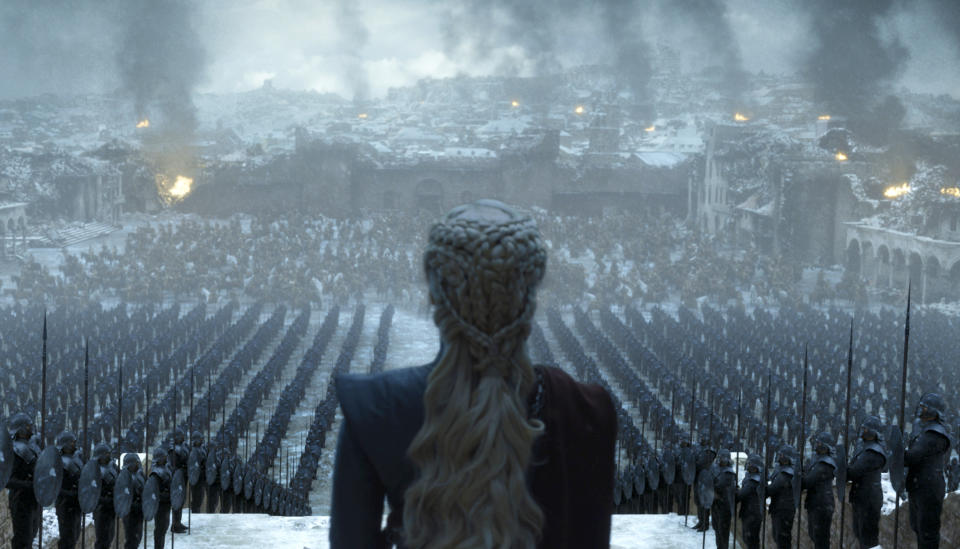 This image released by HBO shows Emilia Clarke in a scene from the series finale of "Game of Thrones." (HBO via AP)