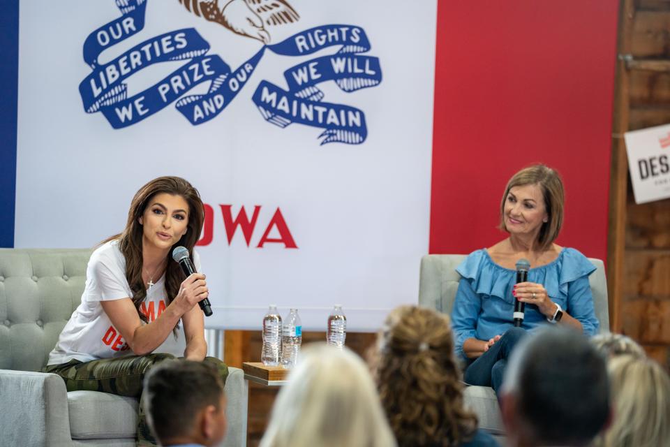 Florida first lady Casey DeSantis takes questions from Iowa Gov. Kim Reynolds during a Mamas for DeSantis event in Johnston, Thursday, July 6, 2023. 