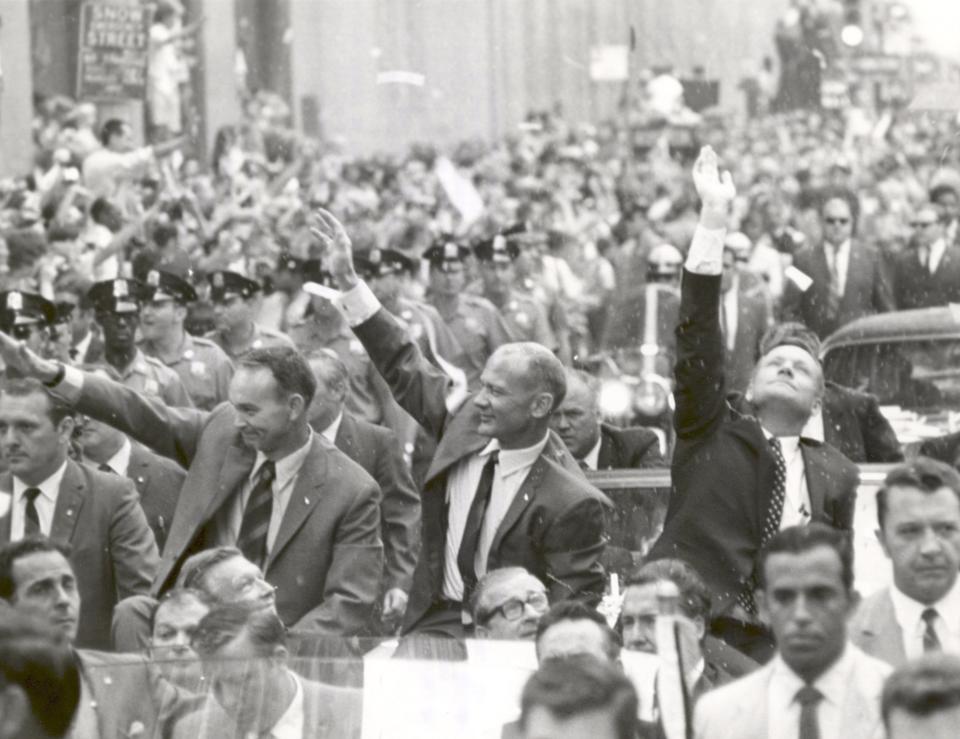 New York City welcomes the three Apollo 11 astronauts, Neil A. Armstrong, Michael Collins, and Buzz Aldrin, Jr., in a showering of ticker tape down Broadway and Park Avenue on august 13, 1969, in a parade termed at the time as the largest in the city's history. (Photo: NASA)