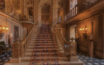 In <b>The Painted Hall at Chatsworth House</b> scenes from the life of Julius Caesar by Luigi Laguerre and black and white marble floors adorn the walls.