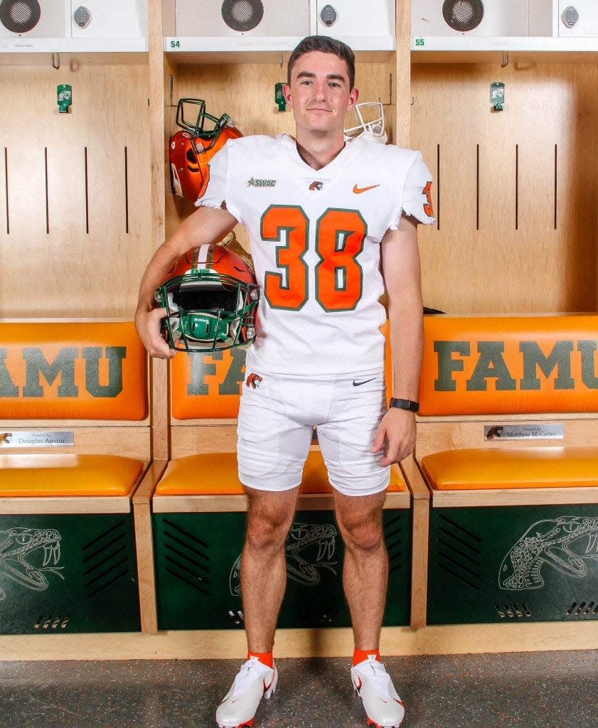 Former Stetson kicker Cameron Gillis poses for a photo during his official visit at Florida A&M on Saturday, April 15, 2023. He signed with FAMU's 2023 recruiting class.