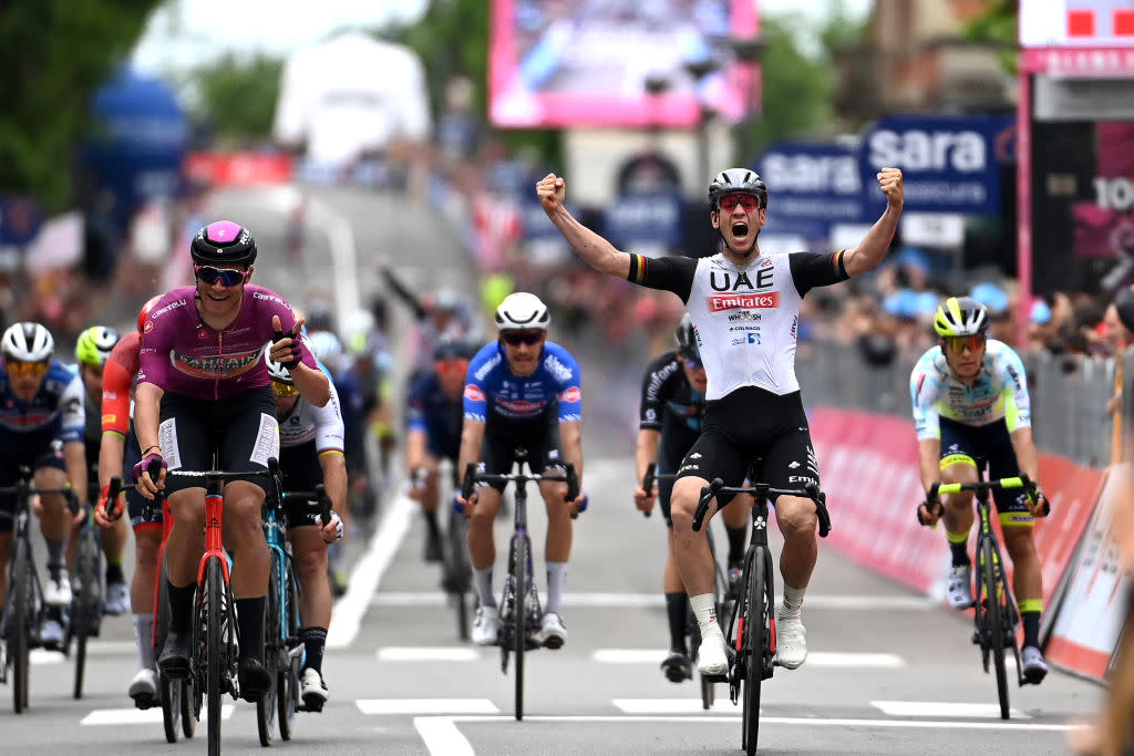  TORTONA ITALY  MAY 17 A general view of Pascal Ackermann of Germany and UAE Team Emirates celebrates at finish line as stage winner ahead of Jonathan Milan of Italy and Team Bahrain  Victorious  Purple Points Jersey Mads Pedersen of Denmark and Team Trek  Segafredo Mark Cavendish of The United Kingdom and Astana Qazaqstan Team and Pascal Ackermann of Germany and UAE Team Emirates during the 106th Giro dItalia 2023 Stage 11 a 219km stage from Camaiore to Tortona  UCIWT  on May 17 2023 in Tortona Italy Photo by Tim de WaeleGetty Images 