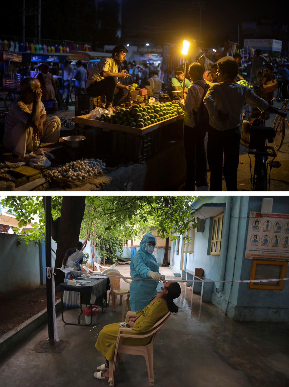 Top: A roadside fruit vendor speaks to his customers, all without masks, at a daily evening market in Noida, on the outskirts of New Delhi, India, on Thursday. Bottom: A woman gets her nasal swab sample taken to test for the coronavirus at a government health center in Hyderabad, India, on Wednesday