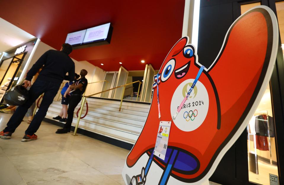 July 19, 2024 - A cutout of the Paris 2024 Olympic mascot, Phryge is seen at the press accreditation centre amid a global IT outage disrupting the operations in Paris, France.